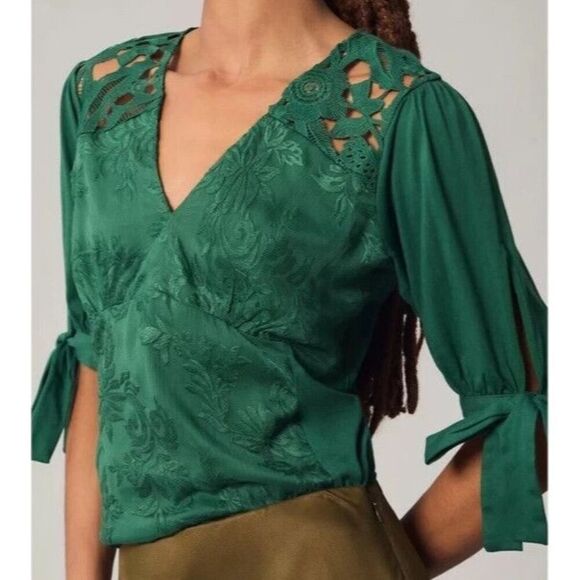 Tiny x Anthropologie Women's Sz M Emerald Green Ophelia Embroidered Top - Picture 8 of 9